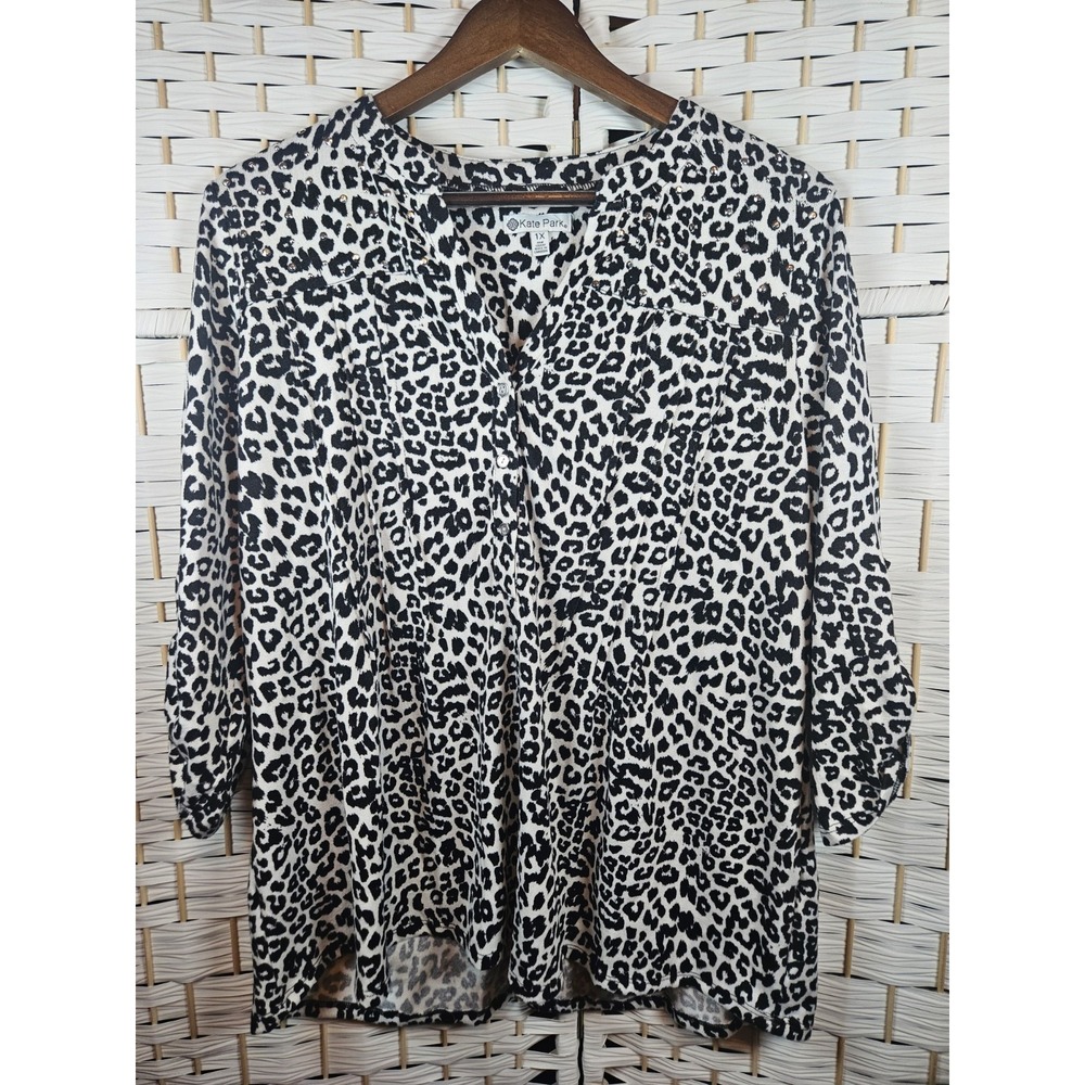 Kate Park Leopard Roll Tab Sleeve Studded Blouse Sz 1X Mob Wife Casual Comfort